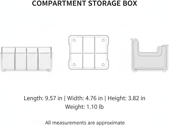 9.6 x 4.8 x 3.8 Inch Clear Storage Box with Dividers, PET Plastic Organizer for Desk Supplies and Small Parts
