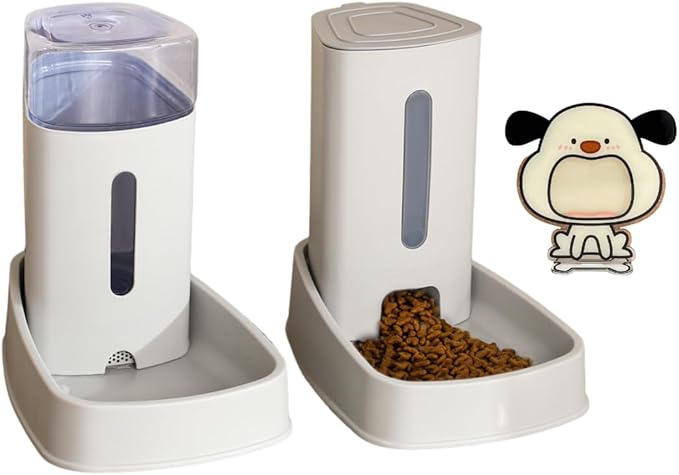 Automatic Food Dispenser and Waterer Set (Pack of 2) with 3.8L Large Capacity, Smart Siphon System for Fresh Hydration, Stable Anti-Tip Design, Off White, Includes a Doggy Photo Frame