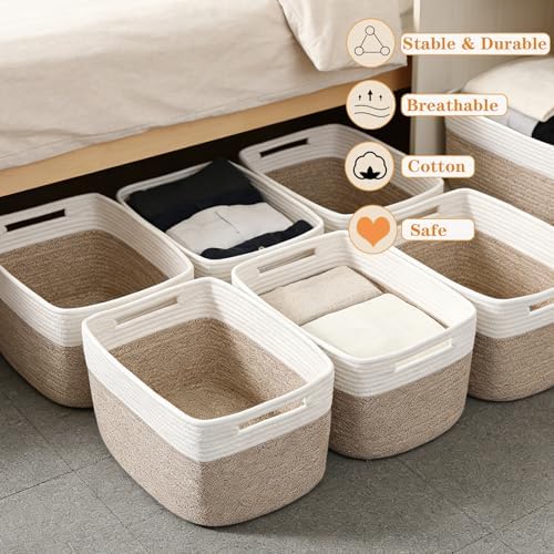 6 Pack Woven Rope Baskets, 12.6"×9"×7.8" Storage Bins, White&Brown | Storage Boxes for Toys, Books, Towels, Clothes, Shelf Baskets Organizer,Empty Gift Baskets for Living Room, Bathroom, Bedroom
