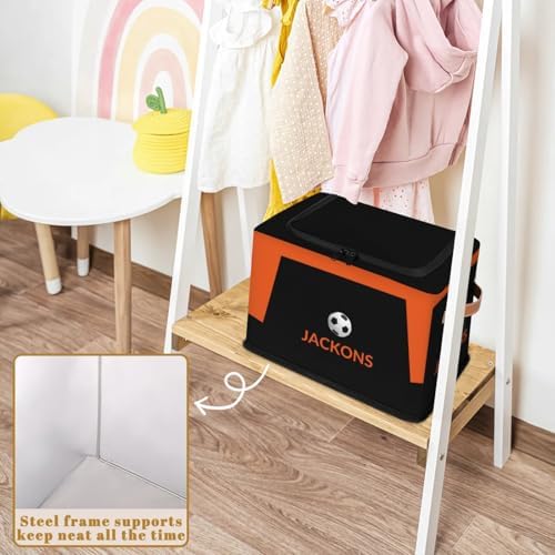 Custom Storage Basket with Zipper Lid, Soccer Ball Foldable Fabric Storage Boxes Decorative Closet Shelves Clothes Organizer Container Cubes with Handle 1PCS