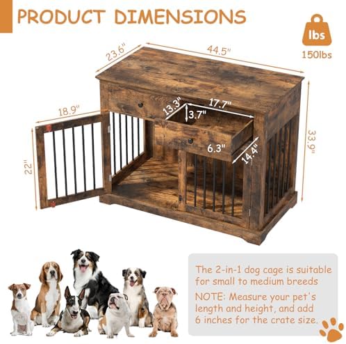 PRETZI Dog Crate Furniture, 44 Inch Wooden Dog Kennel Indoor with 2 Storage Drawers, Heavy Duty Large Crate Furniture, Rustic Style Decorative End Table Cage for Small/Medium/Large (Brown)