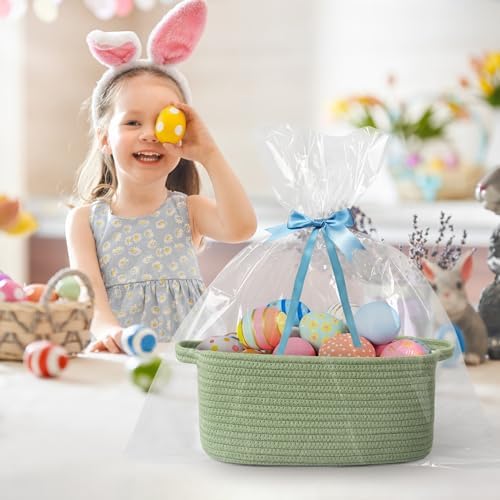 Cute Green Woven Basket, Empty Gift Basket for Christmas, Thanksgiving, Easter, Birthday, Cotton Rope Storage Bin with Handle for Gift, Dog Toy Box, Baby Nursery Organizer, Green Room Decor