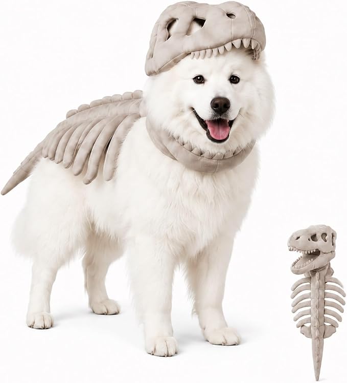 Pet Dinosaur Costume Spinosaurus Skeleton Skull Mask Plush Spine Large Dogs | Soft Lightweight Headpiece with Raised Back Ridge and Tail Suited to Halloween Cosplay Parties Photos Birthdays Large Breeds