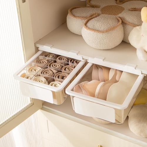 Pull Out Sock Organizer for Closet, 15 Cells Detachable Underwear Drawer Organizer with Slide Rail, Clear Women Drawer Storage for Underwear, Socks, Ties, Belts, Scarf