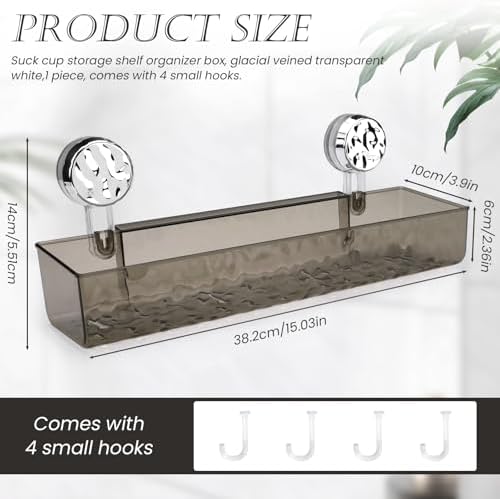 Huakaile 15''/38.2 CM Corrugated Suction Cup Storage Holder Shelf, Wall-Mounted Suction Shower Caddy with Drainage Holes & 4 Hooks No Drill Movable Rack Organizer for Bathroom Kitchen (Gray)