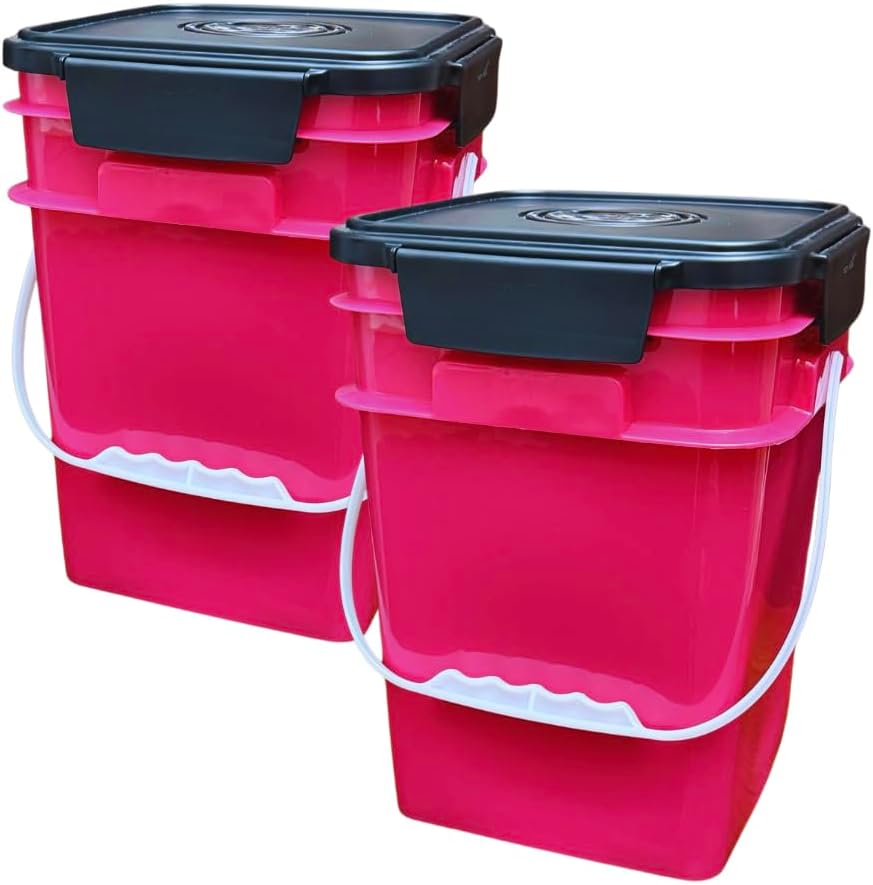 House Naturals 4 Gallon Square Food Grade Plastic Bucket with Lid, Made in USA (Pack of 2) BPA Free (Magenta)