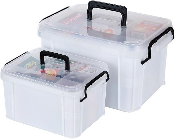 HEY FOLY Set of 2 White Medicine Organizer Storage Box with Tray, 15qt+5qt Plastic First Aid Box Empty, Thickened Medicine Container Chest, Multipurpose Medical Case with Labels, White Medicine Caddy