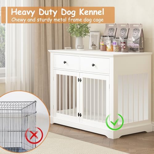 PRETZI Dog Crate Furniture, 44 Inch Wooden Dog Kennel Indoor with 2 Storage Drawers, Heavy Duty Large Crate Furniture, Decorative End Table Cage Furniture for Small/Medium/Large (White)