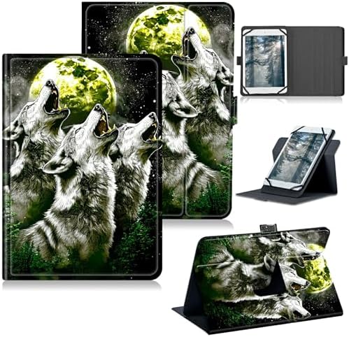 Universal Tablet Case for T-Mobile Revvl Tab 2 10.1" 2025/Revvl Tab 5G 10.36" 2023, 360 Degree Rotating Kickstand Protective Stand PU Leather Shell Cover for 9"-10.5", Three Gray Wolves