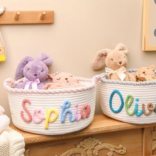 Personalized Baby Name Basket Custom Easter Cotton Rope Diaper Caddy & Nursery Storage Organizer Bin for Baby Birthday Shower Gift, Newborn Essentials, Kids' Bedroom Bathroom Decor (Style E)