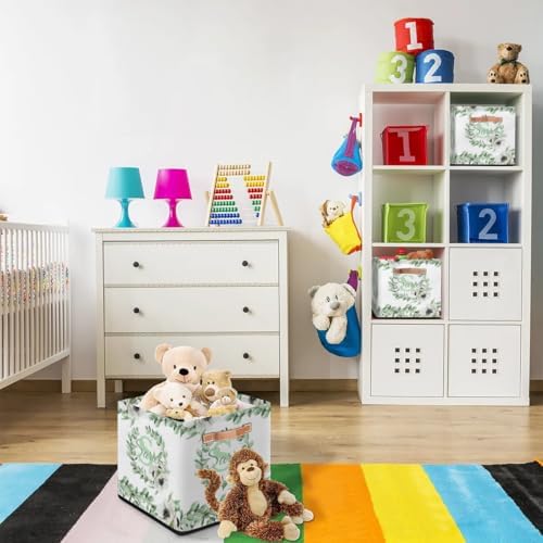 Personalized Storage Baskets for Organizing, Foldable Storage Bins with Handles Custom Cute Basket for Boys, Girls, Pet, Clothes, Blanket, Bedroom Nursery Toy Storage Gift, Eucalyptus Leaves