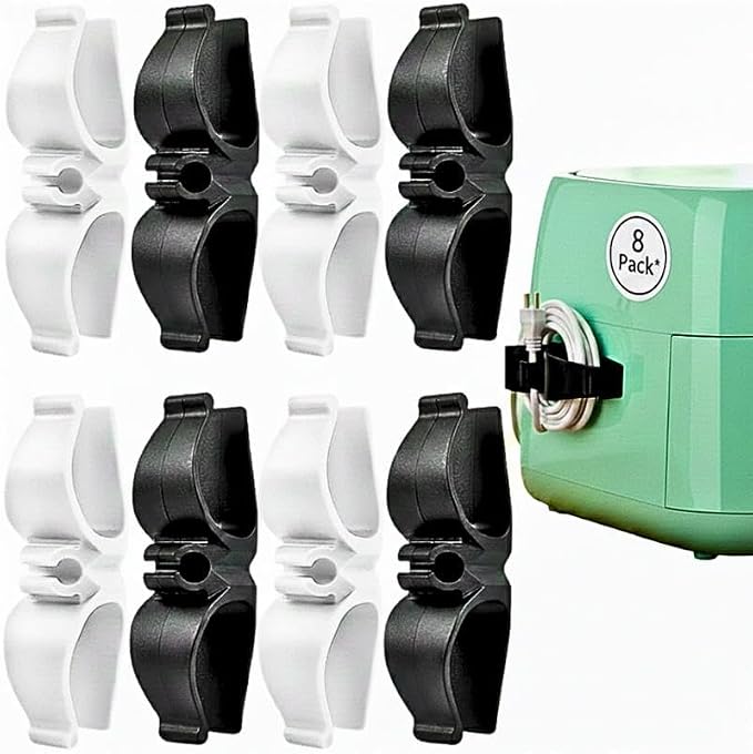 Appliance Cord Organizer 8 Pack (Black & White) – Self Adhesive Cord Winder, Stick-On Cable Holder for Coffee Maker, Blender, Air Fryer, Rice Cooker – Easy Install Wire Wrap