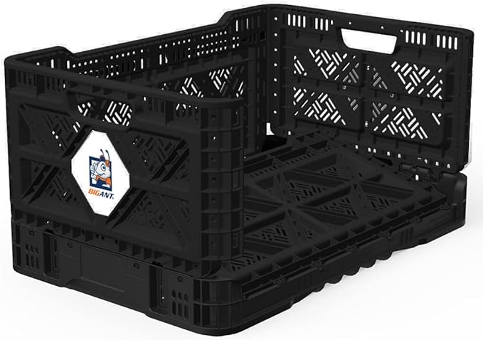 Bigant Heavy Duty Collapsible & Stackable Plastic Milk Crate - Snap Lock Foldable Industrial Garage Storage Bin Container Utility Tote Basket (Black, 1 Medium Crate)