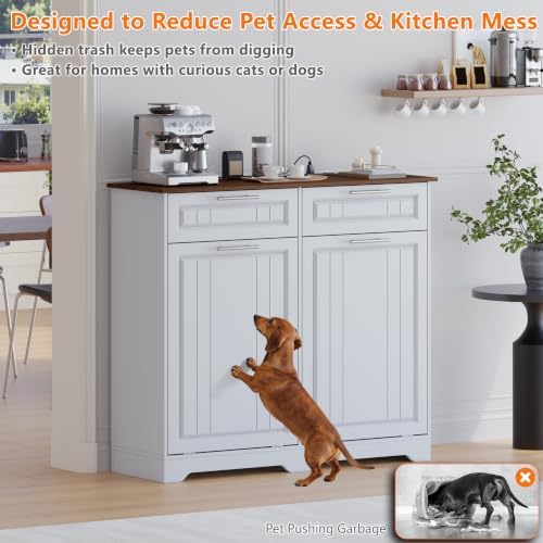 Double 10 Gallon Tilt Out Trash Can Cabinet with Deodorizing Function and Power Outlet, Wooden Hidden Garbage Can Holder with 2 Storage Drawers for Kitchen, Laundry Hamper Cabinet for Bathroom, White