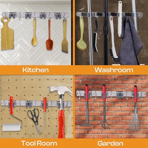Stainless Steel Broom Holder Wall Mount, 4 Racks & 5 Hooks | Rust-resistant organizer for mops, brooms, tools and garden equipment, adjustable wall storage, silver