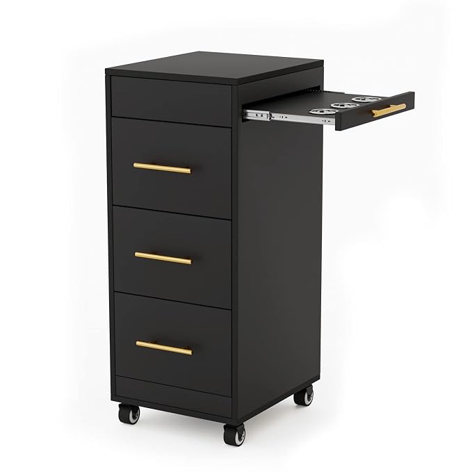 OmySalon Salon Trolley Cart with Wheels, Wooden Hair Storage Cabinet, Stylist Cart Mobile Hairdressing Barber Station for Beauty Spa Barbershop, 3 Large Drawers, 3 Hot Tool Holders, Black