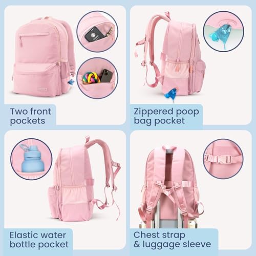 Rubyloo The Original Doggy Bag Backpack (Dusty Pink) & 32 oz Insulated Water Bottle with Attached 8 oz Bowl (Dog Mom) – Dog Travel Backpack & Hydration Set