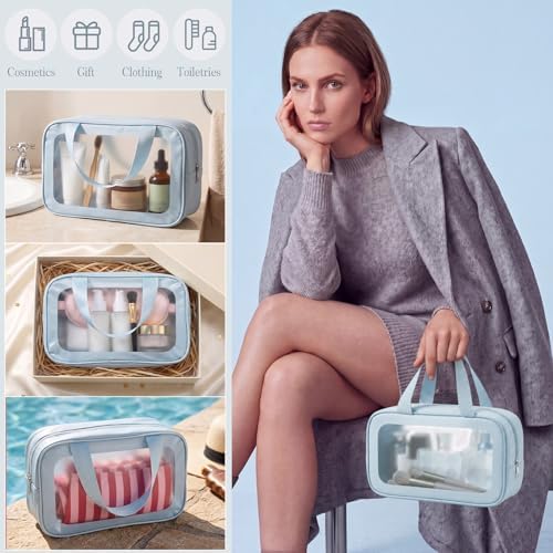 Abbylike 12 Pcs Clear Toiletry Bags with Handle for Women and Men, Matte Translucent Waterproof Cosmetic Bags with Zipper for Travel Toiletries Wash Shower Accessories Bachelorette Bridal Party(Blue)