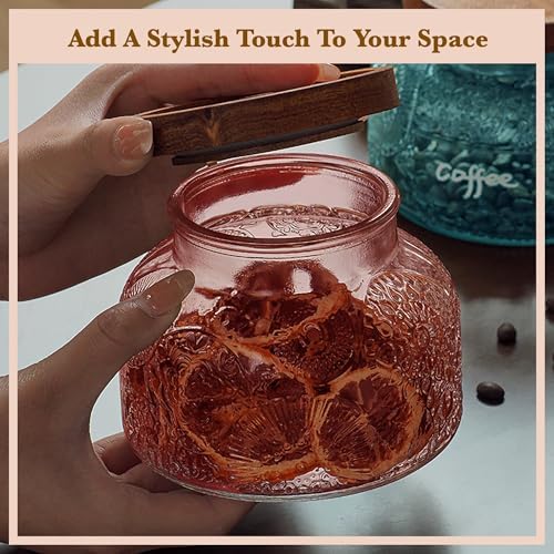 Decorative Pink Embossed Glass Jar with Airtight Wooden Lid, 25.4 fl. oz | Wide mouth vintage storage canister, kitchen pantry bathroom organization, coffee sugar tea cookie candy candle vase gift