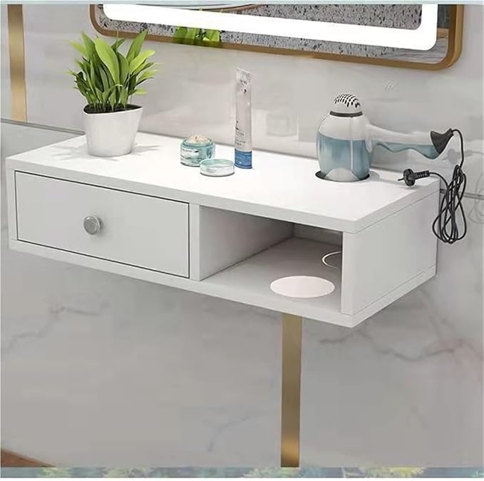 Wall Mounted Salon Station with Drawer, Beauty Salon Spa Equipment, Barber Shop Hair Styling Cabinet, 1 Hair Dryer Holders(White,23.6x10.2x5.9in)