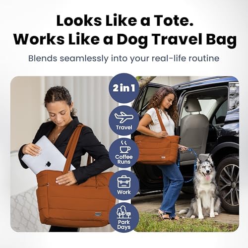 rubyloo Dog Mom Bundle - Puffer Tote with Storage Containers (Rust) and Travel Dog Bed Large (42”x30”) (Sunset Surf Teal) - Travel Bag and Portable Outdoor Bed Set