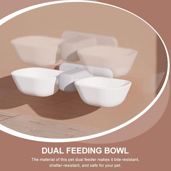 POPETPOP Wall-Mounted Pet Feeder Bowl Set, Dual Feeding Bowls for Cats and Dogs, White Plastic Food and Water Dish with Neck Protection, Space-Saving Wall Holder for Indoor Pets