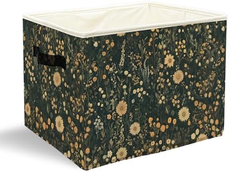 Vintage Boho Wildflower Storage Bins with Handles, Dark Cottagecore Floral Botanical Collapsible Laundry Basket Storage Box for Home Bedroom Bathroom Clothes Toys Books