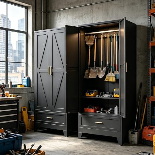 71" H Broom Closet Storage Cabinet,Laundry Storage Cabinet,Metal Garage Storage Cabinet,Black Storage Cabinets,Utility Cabinet