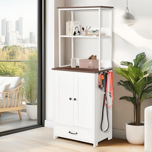 Pet Feeding Station Cabinet with Pull Out Bowls, Adjustable Shelves, Elevated Dog Cat Feeder, Storage Organizer, Side Hooks, Anti Tip Wall Anchor, Hidden Drawer, Leash Holder, Home Furniture