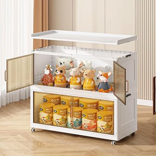 Stackable Storage Bins with Lid,147Gal Closet Organizers and Plastic Cabinets Shelves, Collapsible Drawers with PET Clear Doors, Foldable Boxes with Wheels for Home Office, 3Pack (590QT)
