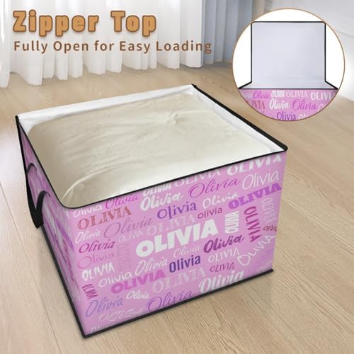 Custom Name Large Clothes Storage Organization with Lids, Kids Toys Bin Shelf Basket, Bedding Clothes Towel Storage Bin for Nursery, Gift Basket, Pet Basket, Light Pink Background