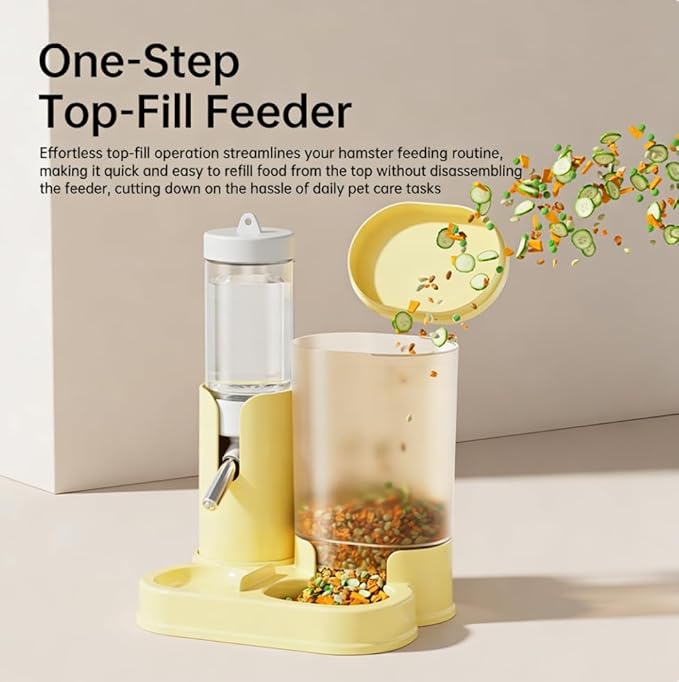 No Drip Hamster Water Bottle, 2 in 1 Automatic Hamster Water Dispenser & Food Bowl, Freestanding Small Animal Water Bottle Cage Accessories for Dwarf Hamster, Gerbil, Rat, Mice (Yellow)