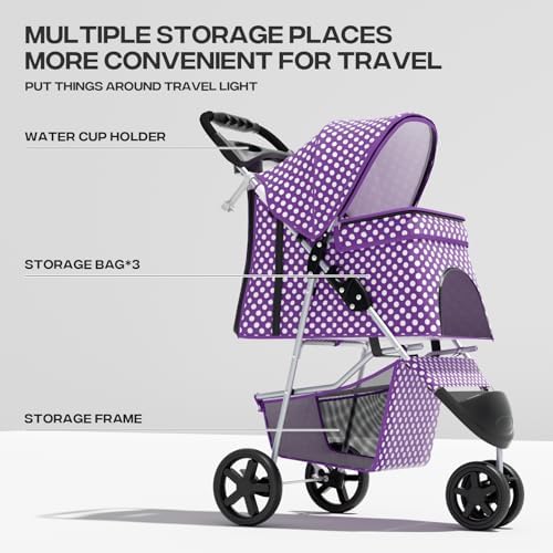 Foldable 3-Wheel Pet Stroller for Dogs & Cats, Purple Polka Dots | Storage Basket & Cup Holder, Breathable Mesh Cover, Lightweight and Durable, for Small to Medium Pets, up to 33 lbs