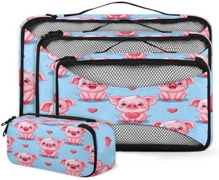 Kawaii Pig 4 Set Packing Cubes Luggage Organizer Bags for Travel Accessories and Essentials, Cartoon Pig