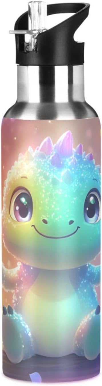 Swing Dinosaur Water Bottle with Straw Lid Kids Insulated Stainless Steel Water Flask Sports, 20 Oz Hot Cold
