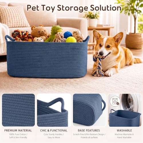 OIASKET Large Empty Cotton Rope Gift Basket with Handles, 16.5"x12.6"x7" Decorative Woven Storage Basket with Gift Bag and Ribbon Set for Baby Shower, Toy Organizer for Kids, Dogs & Cats - Blue