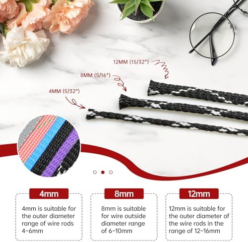 Braided Cable Management Sleeves, High Density PP Cotton Mixed PET Yarn Wire Loom for Automotive Wiring Harness & PC Computer Case Pets No Chew (Black Black, 8mm (5/16")-19ft)