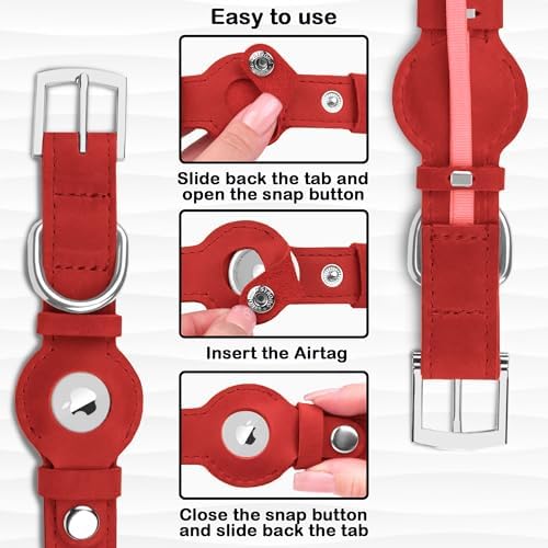 Leather Dog Collar with Airtag Holder - Apple Air Tag Dog Collars - Soft Tracking GPS Pet Collar for Small Medium Large Dogs Breed Puppy (Red, S, 9"-12" Neck Fit)