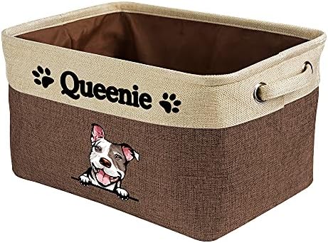 Personalized Storage Basket with Cute Dog Pit Bull Collapsible Sturdy Fabric Pet Toys Fabric Dog Toy Storage Bin Cube with Handles for Organizing, Brown and White
