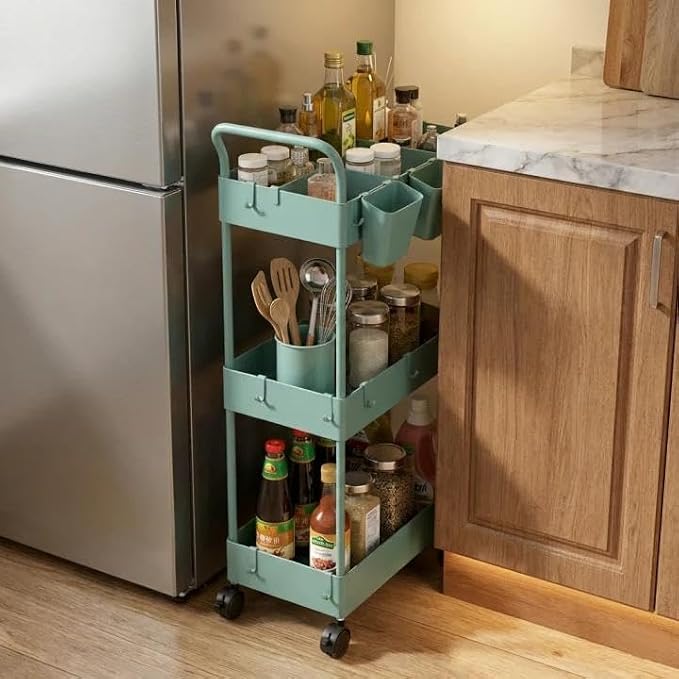 danpinera Storage Cart on Wheels, 3 Tier Bathroom Cart Organizer Slim Laundry Narrow Shelf with Wheels Dividers Hanging Cups Hooks Handle Easy Assembly, Green