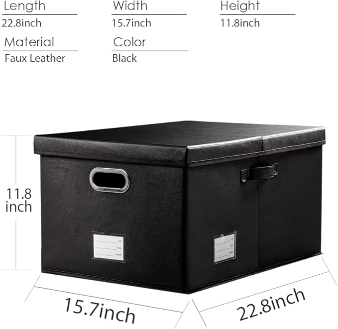 Collapsible Storage Box with Lid [3-Pack] Leather Fabric Foldable Storage Bin Organizer Container Basket Cube with Cover for Home Bedroom Closet Office Nursery Black(22.8X15.7X11.8)