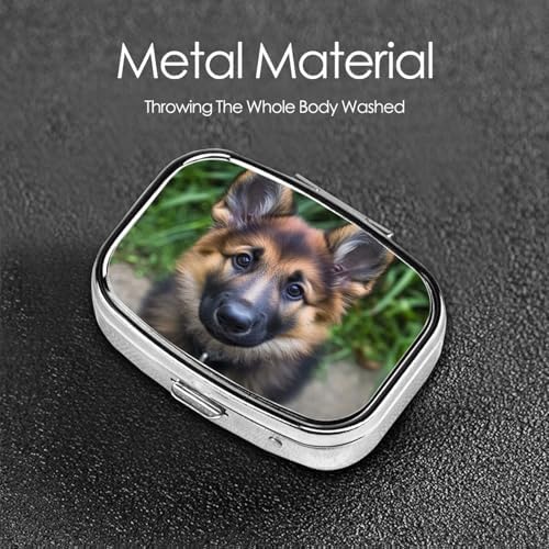 Pill Box 2 Compartment Medicine Pill Case for Pocket or Purse Mini Metal Pill Holder Cute German Shepherd Pill Case Vitamin Organizer Portable Travel Pill Container to Hold Supplements Vitamins