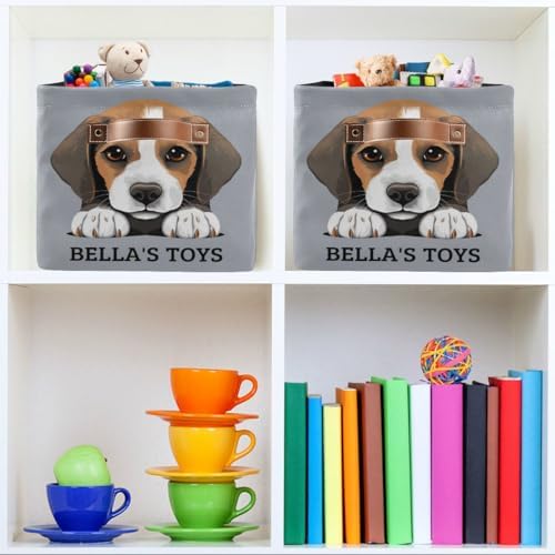 Customized Pet's Name Storage Basket Dog Storage Box with Leather Handles for Home Bedroom, Beagle Puppy Foldable Decorative Organizers Box, 2PCs