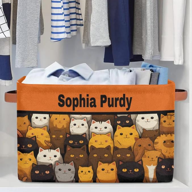 Personalized Kids Toy Box with Name, Custom Nursery Baskets Cubes Bins, Kids Custom Storage Basket Laundry Baskets Organizer with Handles, Cute Colorful Cats Pattern