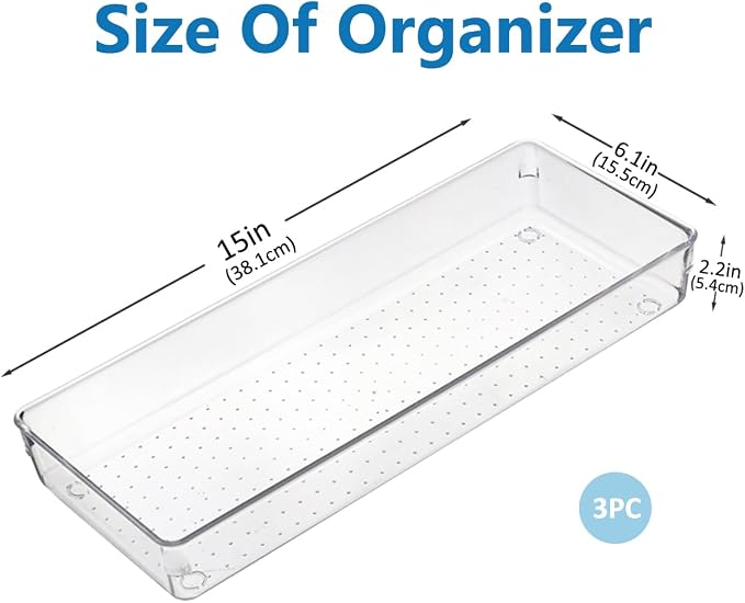 Kutesna 3Pcs Large Clear Drawer Organizer Set,15"x6" Desk Drawer Organizers | Trays with Non-Slip Silicone Pads, Storage Bins for Makeup, Office, Kitchen Gadgets Utensils, Bedroom, Tools, Bathroom