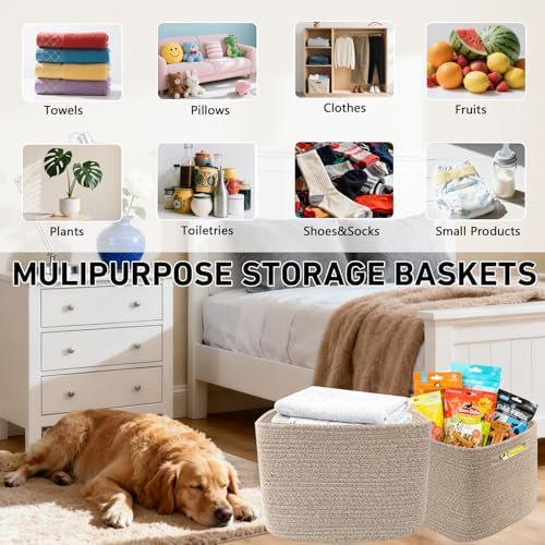 3 Pack Woven Baskets,Storage Baskets for Shelves with Handles | 13.5"×11"×9.5", Closet Baskets, Nursery Organizer for Toys Towels Books, Storage Bin for Living Room Bedroom (Mixed Brown)