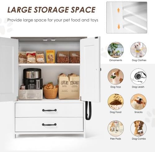 Wooden Dog Feeding Station Cabinet with Pull-Out Feeder Drawer, 2 Stainless Steel Bowls, Large Storage Cabinet & 3 Leash Hooks, Pet Food Organizer for Home Living Room Kitchen
