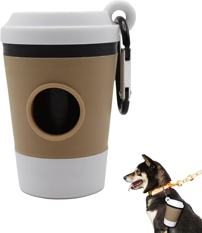 Dog Poop Bag Holder with Carabiner Clip, Coffee Cup Style Doggie Bag Dispenser & Trash Organizer - Portable Pet Waste Bag for Outdoor Walking, Travel, Hiking with Dogs & Cats (White)