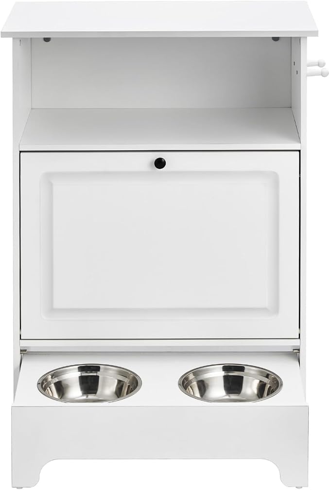 VEVOR Pet Feeding Station with 2 Elevated Dog Bowls, Raised Dog Bowls Stand with Storage, Food Cabinet with Hidden Pull-Out Bowl, Feeder Station, Pet Toy Storage Organizer for Dogs Cats, White