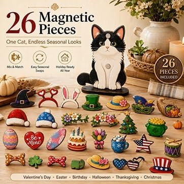 Interchangeable Seasonal Animal Wooden Decor Set | Magnetic Holiday Cat Dog Desk Sign Animals Figurines Tabletop Ornament to Dress up, Pet Magnetic Accessories with Hats(#D)